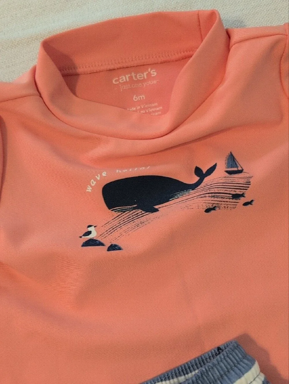Kids Coral Long-Sleeve Rash Guard & Blue Stripe Swim Trunks Set